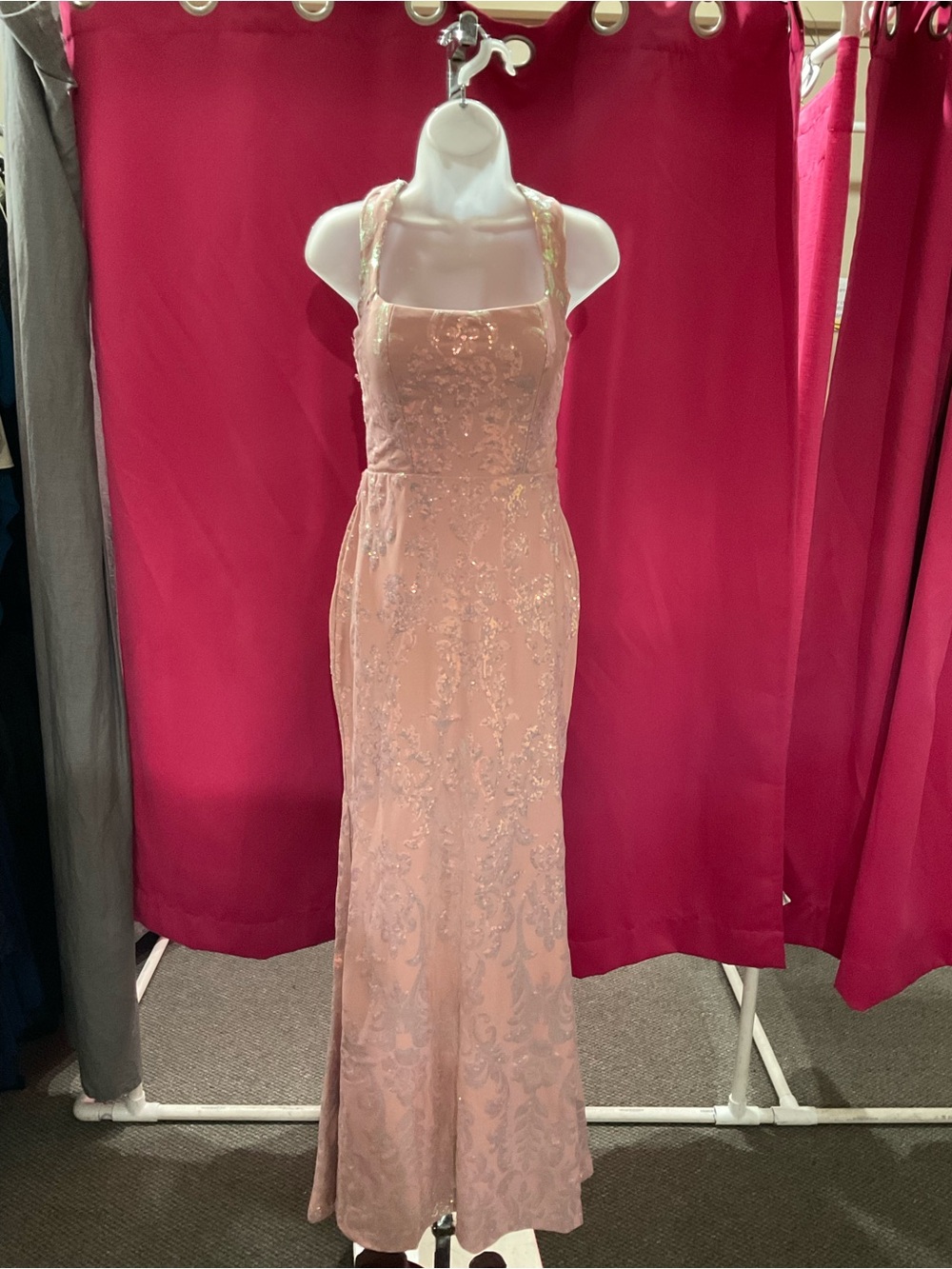 Blush Pink Iridescent Sequin Halter Maxi Dress